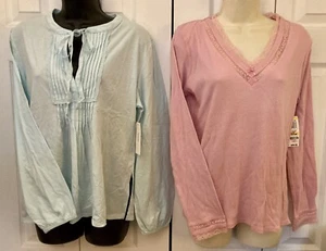 2 Alfani Pullover PJ Sleep Top Tee Shirt Pink Aqua V neck Long Sleeve lace trim - Picture 1 of 6