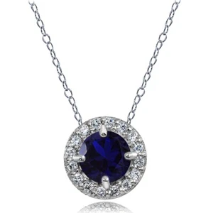 Sterling Silver Created Blue Sapphire and White Topaz Round Halo Necklace - Picture 1 of 3