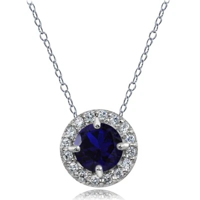 Sterling Silver Created Blue Sapphire and White Topaz Round Halo Necklace - Image 1 of 3