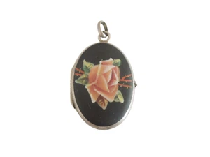 Antique Pendant Silver Photo Locket Enamel Matte Rose 8.4g/4.2x2.4cm - Picture 1 of 4