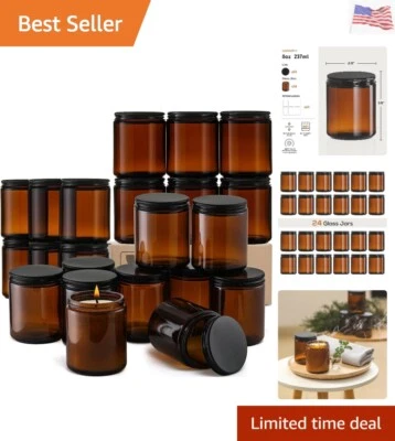 24 Pack, 8 OZ Thick Amber Round Glass Jars with Black Metal Lids - Empty Cand... - Image 1 of 4