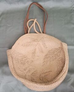 Tan Soft Straw & Faux Leather Large Circle Beach Tote Bag W/ Natural Embroidery