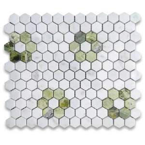 C31F12XH Carrara White Marble Hexagon Rosette Mosaic Tile Green Jade Honed - Picture 1 of 5