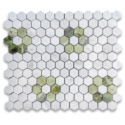 C31F12XH Carrara White Marble Hexagon Rosette Mosaic Tile Green Jade Honed - Image 1 of 4