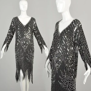 Medium 1970s Black Silk Dress Jagged Hem Silver Sequins Art Deco Party Dress - Picture 1 of 11