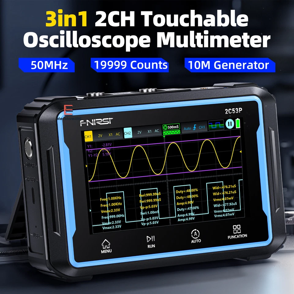 FNIRSI 2C53P Handheld Digital Oscilloscope Multimeter Signal Generator IPS Touch
