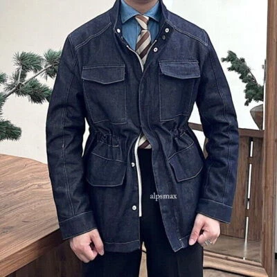Chaqueta de Caza Denim Retro Para Hombres Urbana Elegante Exterior Informal Cremallera Abrigo Safari Foto 1 de 4
