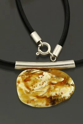 正品 BALTIC AMBER 皮革字符串银色蛋黄吊坠 10.5 克 210728-10 — 第 1/4 张图片
