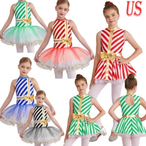Kids Girl Striped Bodysuit Christmas Santa Claus Costume Tutu Dress Dancewear - Picture 1 of 57