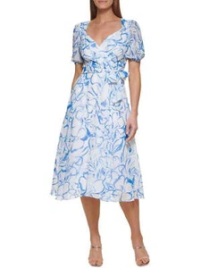 DKNY Women's Balloon Sleeve Faux Wrap Dress White Size 2Petite - Picture 1 of 4