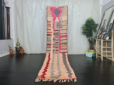 Moroccan Boujaad Vintage Handmade Runner Rug 2'4x10'9 Striped Pink Gray Wool Rug - Image 1 of 4