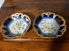 2 Antique Bavarian Porcelain Hand Painted Candy Dish Pink roses scalloped gold