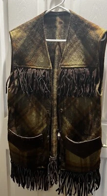 Chaleco de lana con flecos de cuero marrón vintage Pioneer Wear talla mediana occidental Foto 1 de 4
