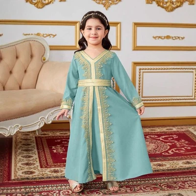 Bata Musulmana Niños Niñas Encaje Fajas Vestido Dubai Estilo Étnico Cuello en V Abaya Kaftan Foto 1 de 4