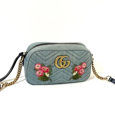 Authentic GUCCI GG Marmont Denim Embroidered Quilted Chain Shoulder Bag Blue - Image 1 of 4