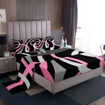Juego de sábanas retro con remolinos circulares para niñas - rosa, negro, gris - ajuste de bolsillo profundo... Foto 1 de 4