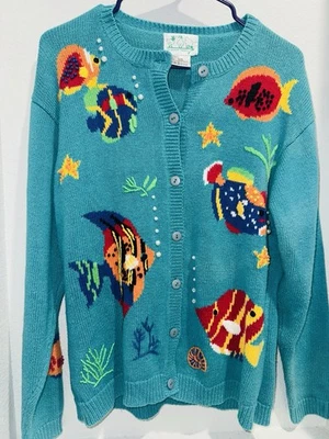 Quaker Factory Fish Aquarium Cardigan Sweater Vintage Beaded Hand Knit Small - Image 1 of 4