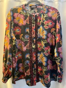 Johnny Was SIDONIA MANDARIN BUTTON DOWN SHIRT 100% Silk Size XL - Picture 1 of 5