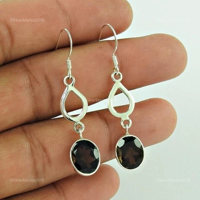 Fumoso Quarzo Gemma Pendenti Gancio Figlie Giorno Orecchini 925 Solido Argento - Immagine 1 di 4