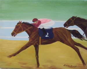 Pintura al óleo original sobre lienzo - Directa del artista - Carrera de caballos - Imagen 1 de 2