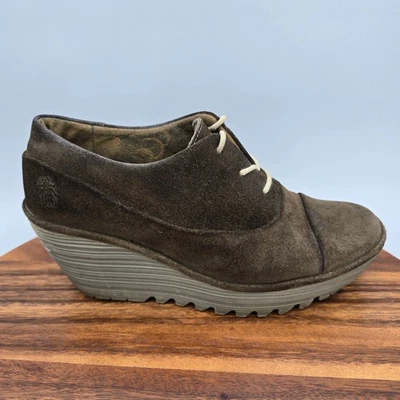 Fly London Yif Pump Shoes Women's 9 40 Brown Olive Suede Leather Cap Toe Wedge - Image 1 of 4