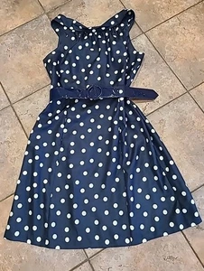 Dressbarn Navy & White  Sz 14 Sleeveless Polka Dot Rockabilly Dress w/ BELT Nwot - Picture 1 of 12