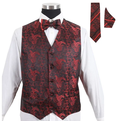 Conjunto de 4 chaleco formal de esmoquin de cachemira rojo para hombre #005 - chaleco con pajarita pañuelo y corbata  Foto 1 de 4