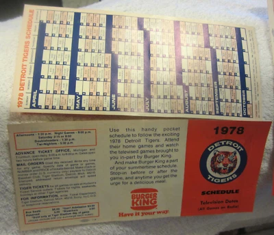 Calendario de bolsillo de béisbol 1978 de los Tigres de Detroit, Burger King desplegado de colección MLB Foto 1 de 3