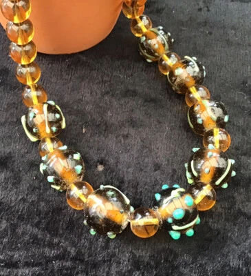 Art Deco murano Amber glass Bead Necklace Wedding Cake Applied Dec - Image 1 of 4