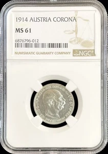 1914 SILVER AUSTRIA 1 CORONA FRANZ JOSEPH I COIN NGC MINT STATE 61 - Picture 1 of 2