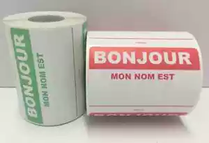 Etichette con nome BONJOUR MON NOM EST rosse e verdi | 2"x3-1/2" | 300/Rotolo | 2 rotoli - Foto 1 di 3