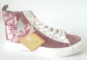 REPLAY Women's Pink / White Satin High Top Lace Up Trainer Boot UK 4