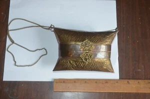 Unique Brass Metal Pillow Purse Chain strap lined Blue Velvet Vintage India - Picture 1 of 6