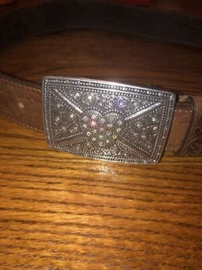 TONY LAMA  Tooled BELT Heart Buckle Raise Flower Brown MADE In USA* Sz 32 - Picture 1 of 6
