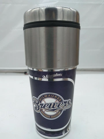 MILWAUKEE BREWERS 16 OZ STAINLESS STEEL COFFEE TRAVEL MUG WITH METAL EMBLEM Cover