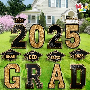 14 Pcs Graduation Yard Signs Class of 2025, Black & Gold Lawn Stakes - Picture 1 of 12