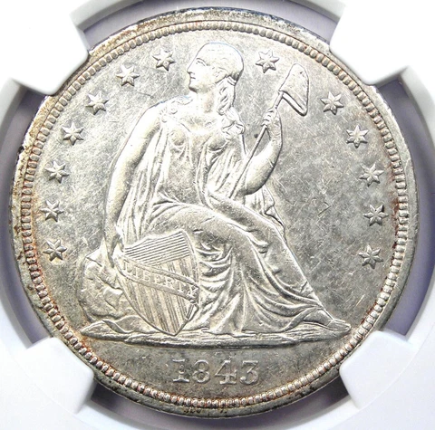 1843 Seated Liberty Silver Dollar $1 - Certified NGC AU Detail - Rare Coin! Cover