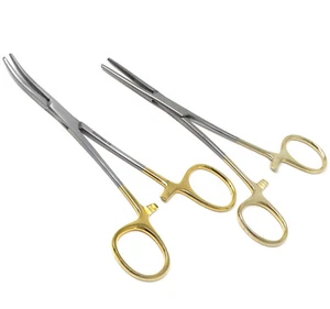2 Pcs Half Serrated Fishing Pliers & Forceps Straight & Curved 5.5" Gold Handle - Bild 1 von 9