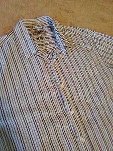 LL Bean mens Short Sleeve Button Shirt MEDIUM 100% Cotton Blue White stripe - Picture 1 of 5