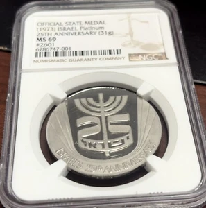 1973 1 Ounce - Israel Platinum State Medal PERFECT MS69 - Highest Graded Pop 5! - Picture 1 of 2