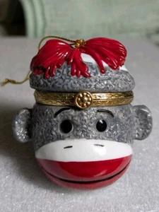 Sock Monkey Head Ceramic Treasure Trinket Box Or Christmas Ornament - Picture 1 of 19