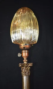 Rare early bronze lamp Edwardian Corinthian column C1910 iridescent glass shade - Picture 1 of 13