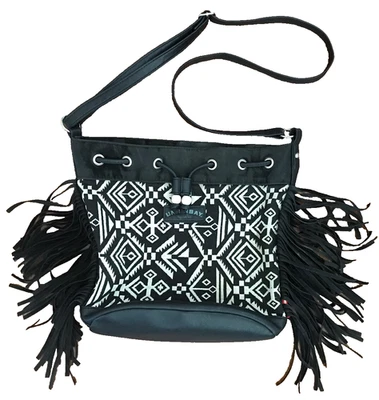 Union Bay Fringe Crossbody Bag Black & White Aztec Boho Fabric & Faux Leather - Image 1 of 4