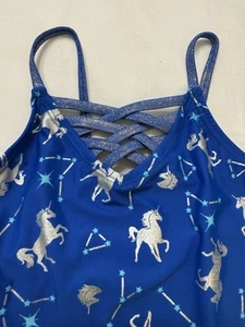 NEW Girls size 10 Swimsuit UPF50+ One Piece Suit With Tags Blue Unicorn Horses - Picture 1 of 9