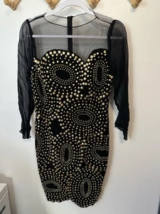 JOVANI Größe 8 schwarz gold Polyester Perlen Langarm Cocktailkleid Punk Rocker - Bild 1 von 5