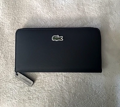 Бумажник Lacoste черный на молнии вокруг унисекс текстурированный ПВХ логотип крокодила складной для путешествий - Изображение 1 из 4