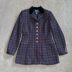 Vintage Lauren Ralph Lauren Blazer Womens 6 Wool Plaid Velour Collar USA 90s - Picture 1 of 8
