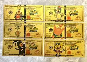 6 Piece 24k Gold Foil Plated Sponge Bob Collectible Banknote Set Mint Condition! - Picture 1 of 9