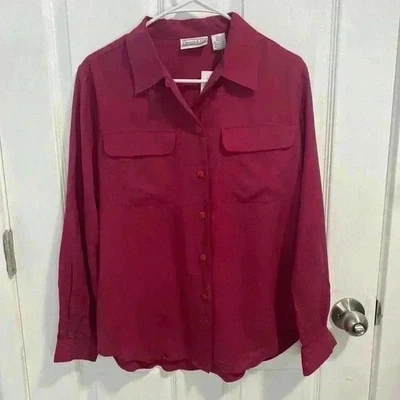 Camisa con botones 100 % seda Christie & Jill roja profunda talla mediana pequeña nueva con etiquetas Foto 1 de 4