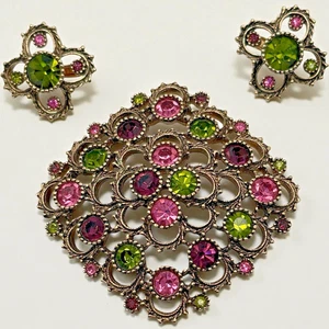 Sarah Coventry Rhinestone Set Brooch Pin Clip Back Earring Pink Green Purple - Picture 1 of 22
